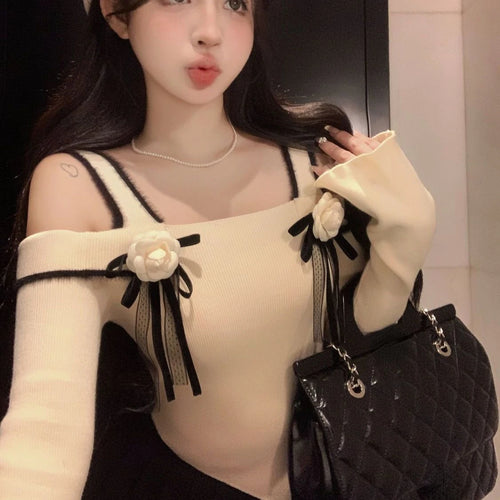 Load image into Gallery viewer, Slash Neck Knitted Y2k Aesthetic Tshirts Streetwear 3D Flower Women Slim Fit Crop Tees Vintage Harajuku Irregular Basic T-shirt
