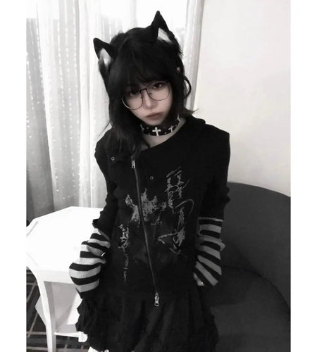 Women Clothing Print Striped T Shirts Slim Fit Irregular Tees Chic Korean Camisetas Y2k Tops Casual Zipper Fake Two Tshirts