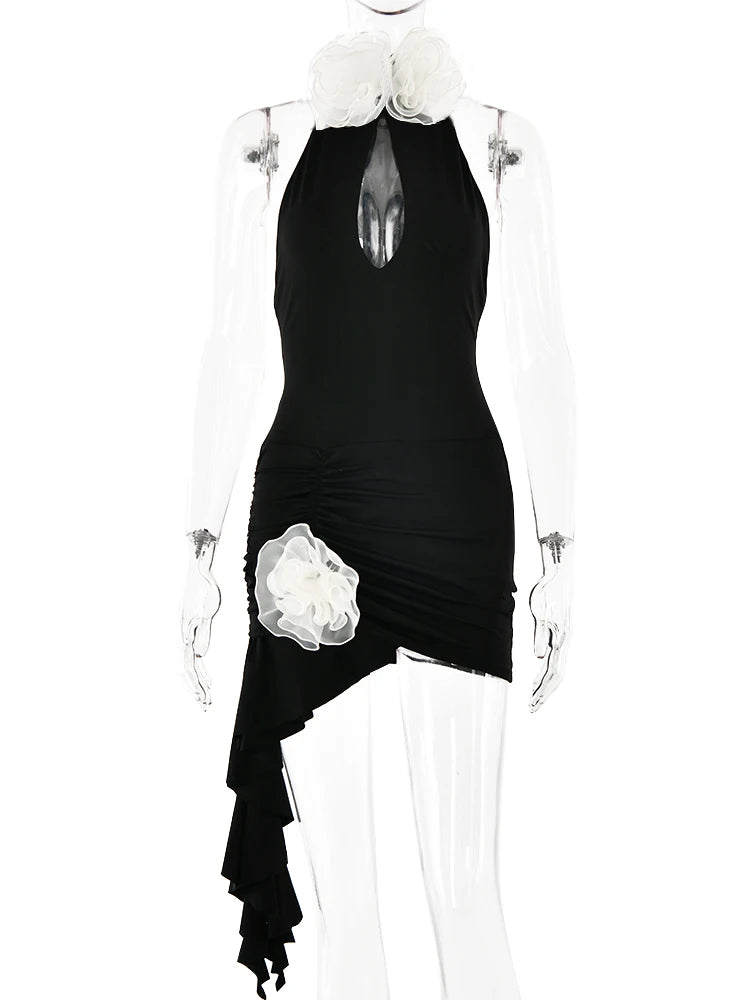 Sexy Sleeveless Flower Decorative Backless Dress For Women Slim Ruffles Flowing Straps Vestidos Party Club Evening Dress