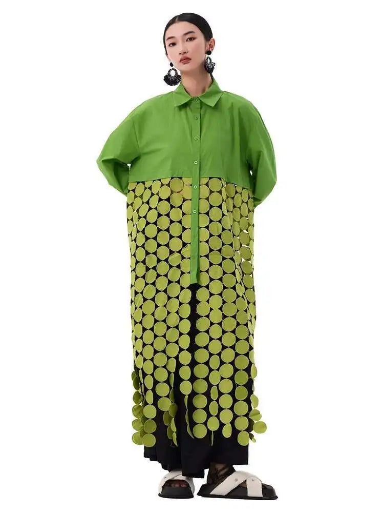 Women White Dot Tassels Hollow Out Midi Big Size Shirt Dress New Lapel Long Sleeve Fashion Tide Spring Autumn 2025 1DH9464