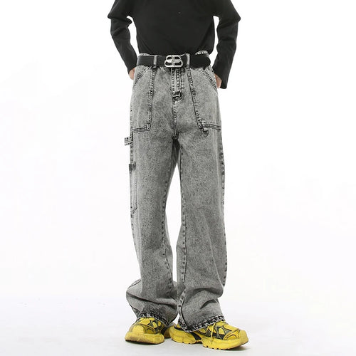 Load image into Gallery viewer, High Street Men&#39;s Denim Pants Solid Color Side Pockets Ribbon Washing Cargo Trousers Straight Loose Male Bottom New 9C8890
