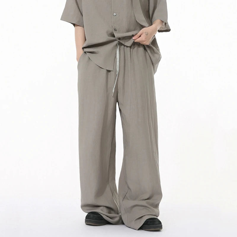 Korean Style Men Two-piece Sets Lapel Solid Color Short Sleeve Single Breasted Shirt Elastic Waist Drawstring Pants 9W1256