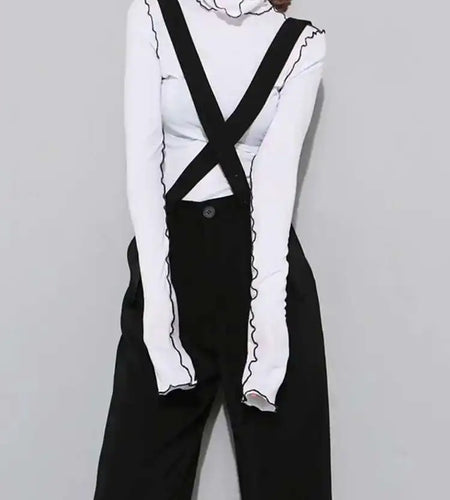 Women Black Topstitched Color-block High Elastic T-shirt New Turtleneck Long Sleeve Fashion Spring Autumn 2025 1DF4802