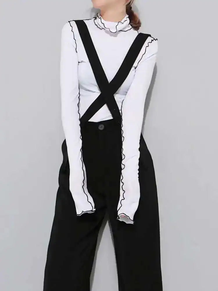 Women Black Topstitched Color-block High Elastic T-shirt New Turtleneck Long Sleeve Fashion Spring Autumn 2025 1DF4802