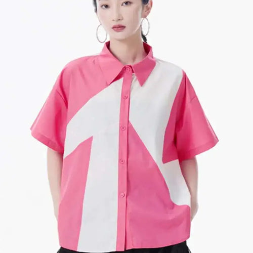 Load image into Gallery viewer, Women Green Color-block Big Size Casual Blouse New Lapel Short Sleeve Shirt Fashion Tide Spring Summer 2025 1DH9999
