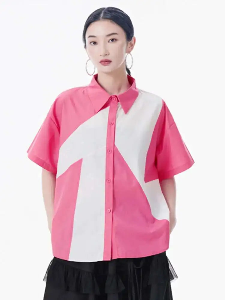 Women Green Color-block Big Size Casual Blouse New Lapel Short Sleeve Shirt Fashion Tide Spring Summer 2025 1DH9999