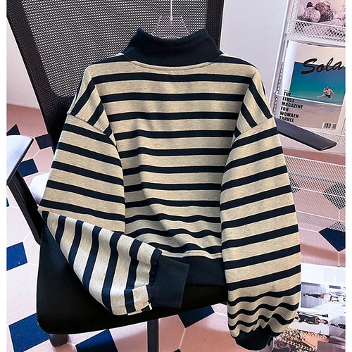 Load image into Gallery viewer, Korean Fashion Women's Striped Velvet Half Zipper Sweatshirt Autumn Winter Retro Long Sleeve Holiday Pullover Tops Thick Casual
