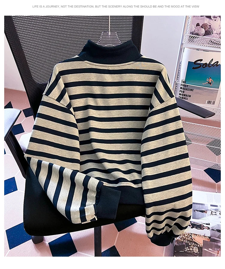 Korean Fashion Women's Striped Velvet Half Zipper Sweatshirt Autumn Winter Retro Long Sleeve Holiday Pullover Tops Thick Casual