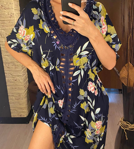 Flowers Printed Half Sleeve Crochet Knitted Tunic Beach Cover Up Cover-ups Beach Dress Beach Wear Beachwear Female Women V5663