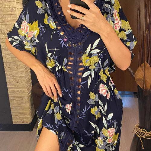 Load image into Gallery viewer, Flowers Printed Half Sleeve Crochet Knitted Tunic Beach Cover Up Cover-ups Beach Dress Beach Wear Beachwear Female Women V5663
