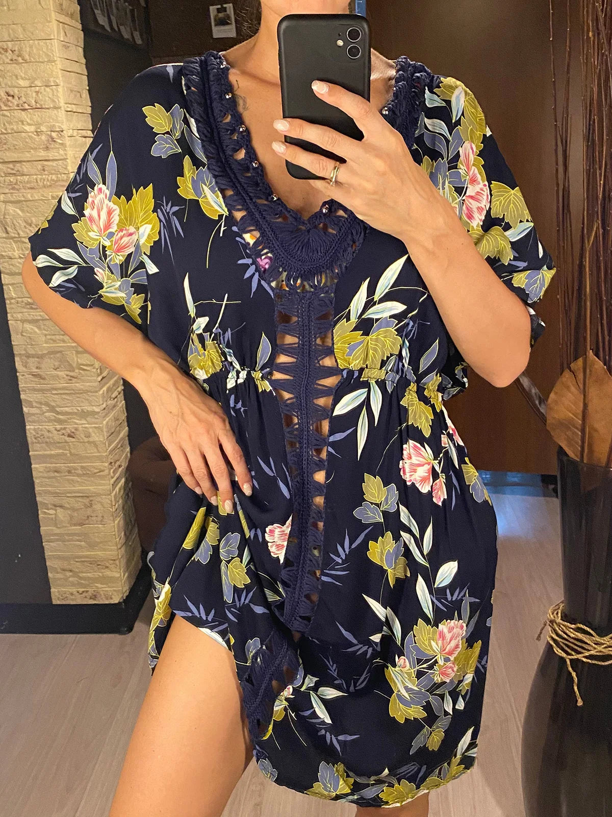 Flowers Printed Half Sleeve Crochet Knitted Tunic Beach Cover Up Cover-ups Beach Dress Beach Wear Beachwear Female Women V5663