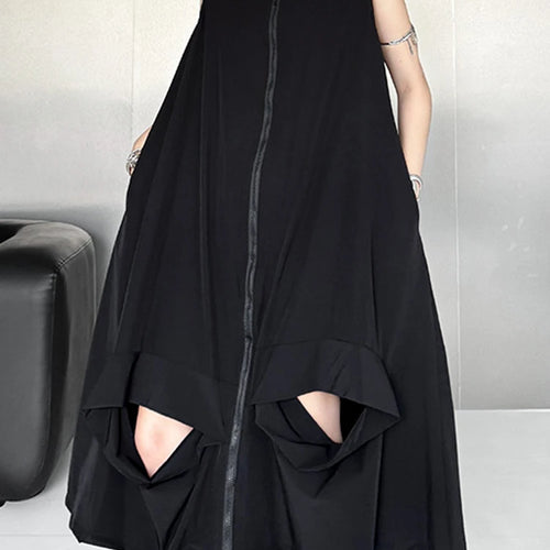 Load image into Gallery viewer, Women Black Zipper Hollow Out Big Size A-line Vest Dress New V-Neck Sleeveless Fashion Tide Spring Summer 2025 1DJ1410
