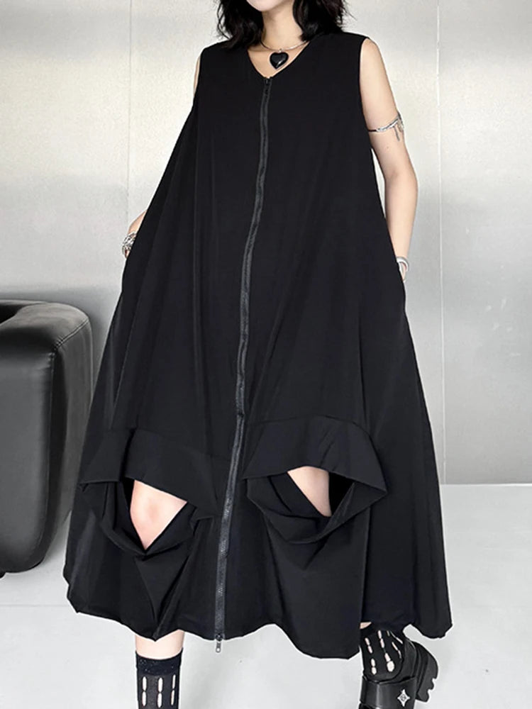 Women Black Zipper Hollow Out Big Size A-line Vest Dress New V-Neck Sleeveless Fashion Tide Spring Summer 2025 1DJ1410