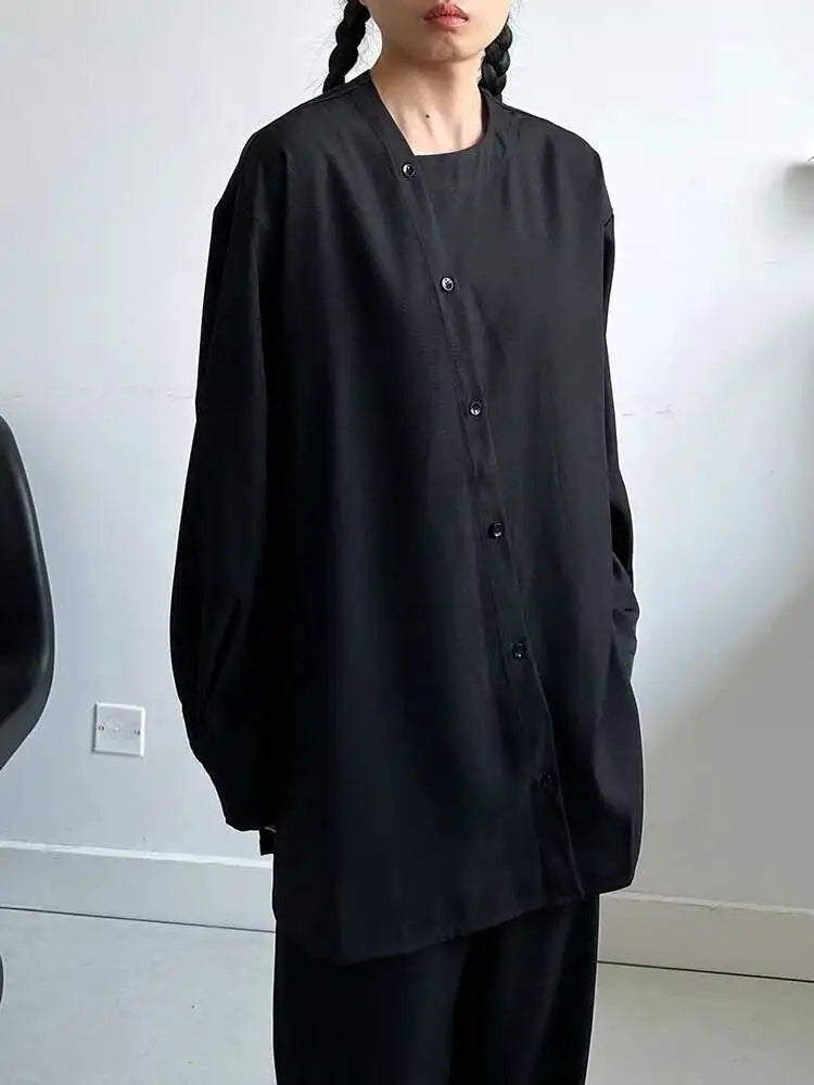 Women Black Irregular Button Elegant Big Size Blouse New Round Neck Long Sleeve Shirt Fashion Spring Autumn 2025 1DH6986