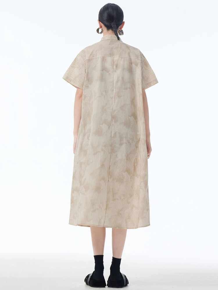 Women Black Striped Lace Spliced Big Size Midi Shirt Dress New Lapel Short Sleeve Fashion Tide Spring Summer 2025 1DJ1257