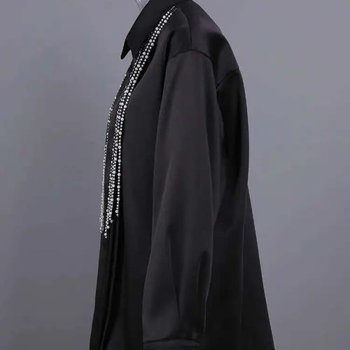 Load image into Gallery viewer, Women Black Pearl Nailed Big Size Elegant Blouse New Lapel Long Sleeve Shirt Fashion Tide Spring Autumn 2025 CPG2792
