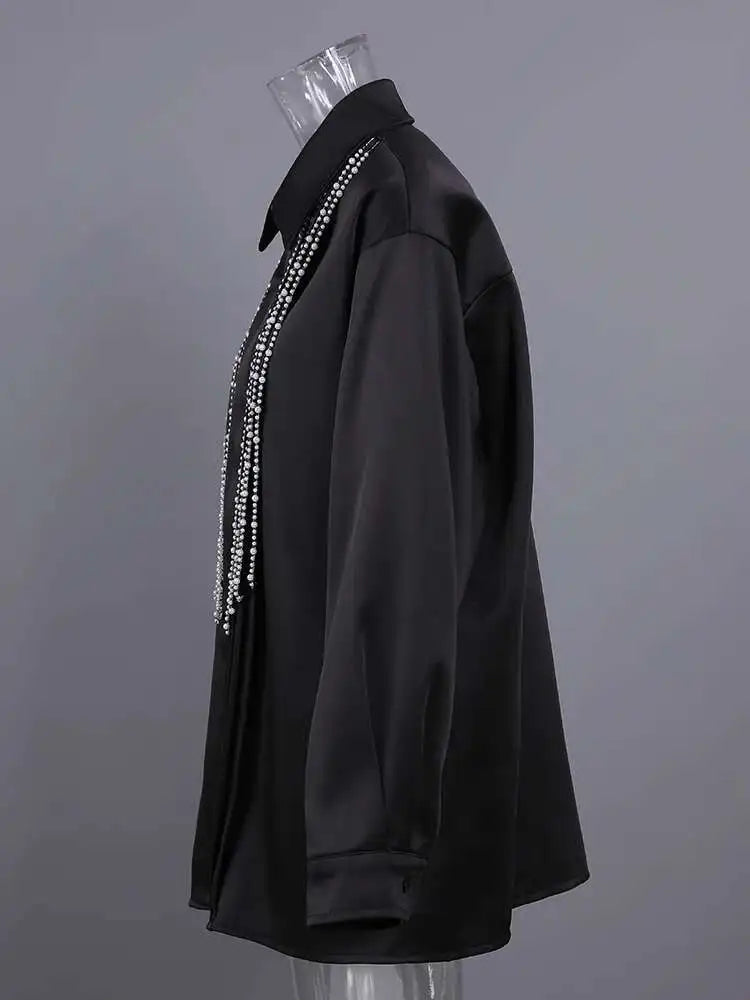 Women Black Pearl Nailed Big Size Elegant Blouse New Lapel Long Sleeve Shirt Fashion Tide Spring Autumn 2025 CPG2792
