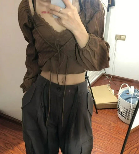 Y2k Aesthetic Fashion Two Piece Set Preppy Style Bandage Shirt + Streetwear Lace Patchwork Crop Top Vest 2  Suits Summer