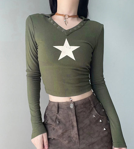 Harajuku Star Print Green Hooded Tee Shirt Long Sleeve Skinny Korean Style Crop Top Women Basic Eyelet Autumn T shirt