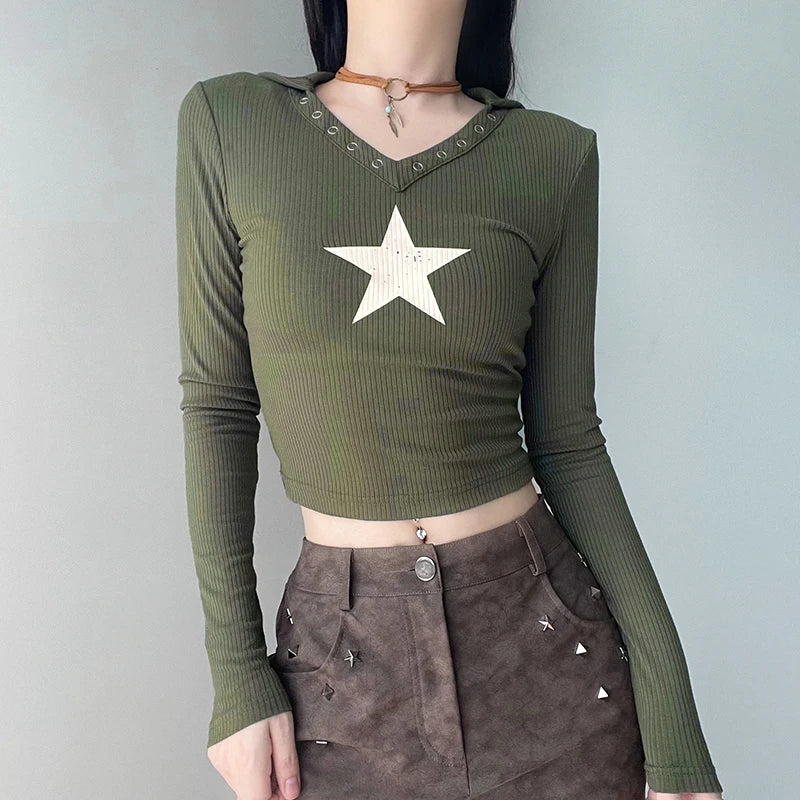 Harajuku Star Print Green Hooded Tee Shirt Long Sleeve Skinny Korean Style Crop Top Women Basic Eyelet Autumn T shirt