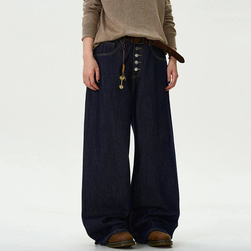 Men's Jeans New Straight Loose Fit Buttons Design American Denim Pants Male Solid Color Male Trousers Summer 9W1457