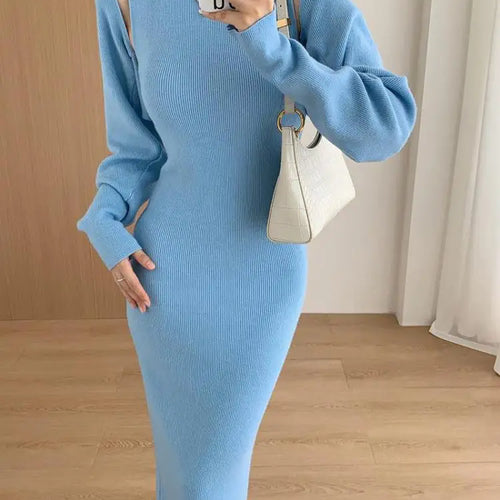 Load image into Gallery viewer, Elegant Solid Ribbed Knitted Dress Women Slim Long Sleeve Cardigan Top And Vest Dresses Autumn Winter Lady Streetwear Robe
