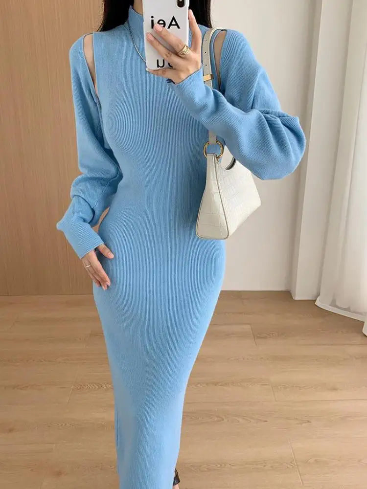 Elegant Solid Ribbed Knitted Dress Women Slim Long Sleeve Cardigan Top And Vest Dresses Autumn Winter Lady Streetwear Robe