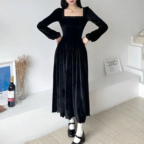 Load image into Gallery viewer, Square Neck Lace Trim Black Velour Autumn Dress A-Line Korean Fashion Fold Corset Long Dress Elegant Party Birthday
