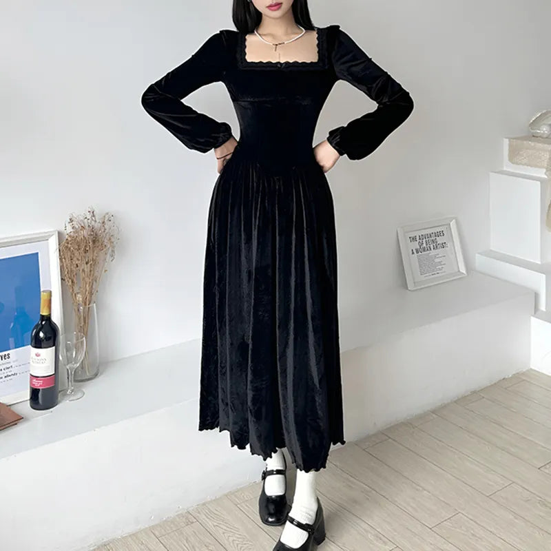 Square Neck Lace Trim Black Velour Autumn Dress A-Line Korean Fashion Fold Corset Long Dress Elegant Party Birthday