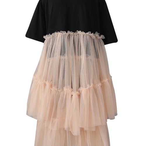 Load image into Gallery viewer, Women Black Mesh Color-block Big Size Knee-Length Dress New Round Neck Short Sleeve Fashion Spring Summer 2025 CPG3040
