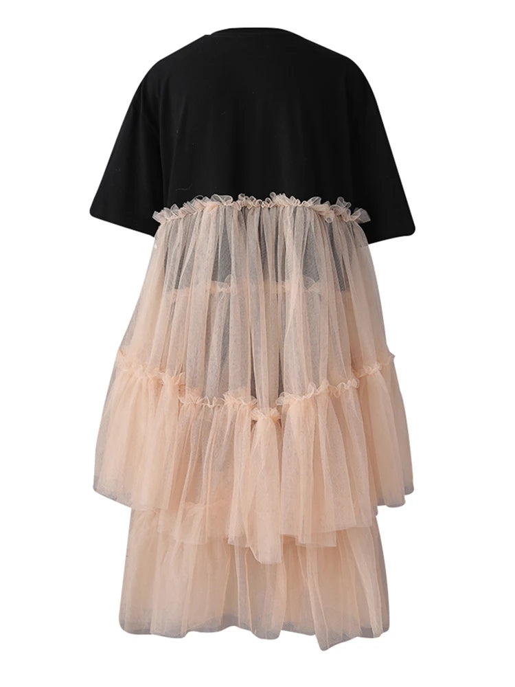 Women Black Mesh Color-block Big Size Knee-Length Dress New Round Neck Short Sleeve Fashion Spring Summer 2025 CPG3040