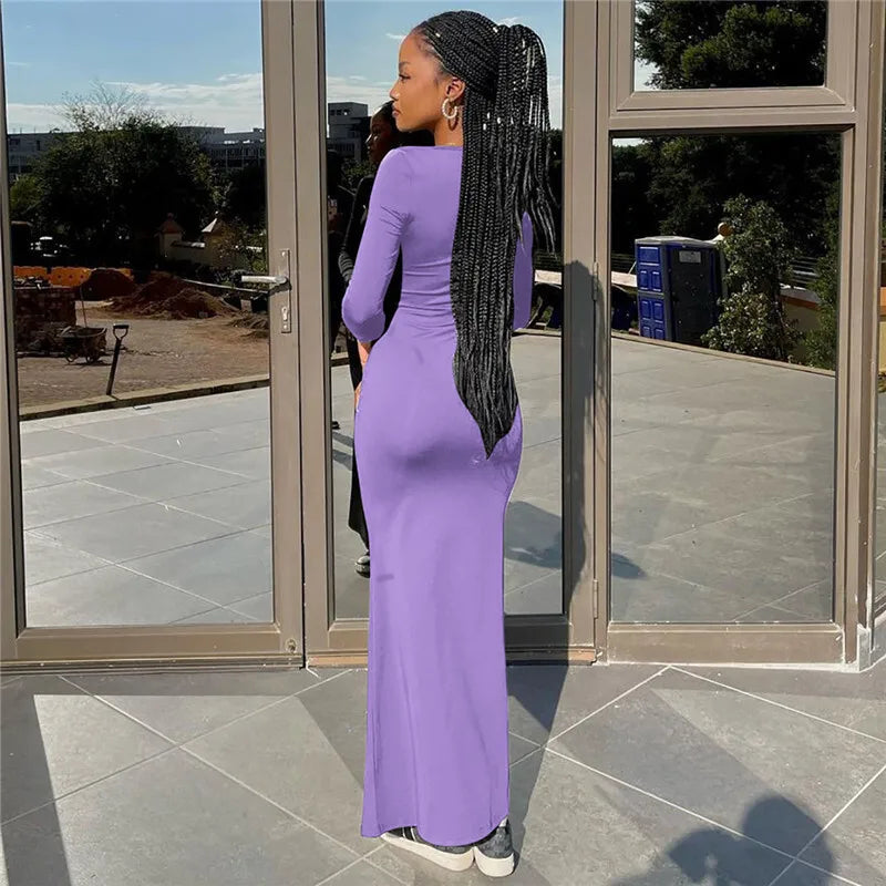 Square Collar Long Sleeve Sexy Long Dress For Women Gown Fashion Elegant Autumn Solid Bodycon Maxi Dress Clubwear