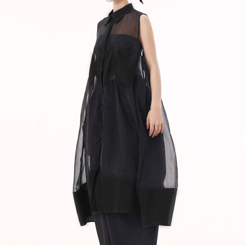 Load image into Gallery viewer, Women Black Mesh Perspective Big Size Long Shirt Dress New Lapel Sleeveless Fashion Tide Spring Summer 2025 1DH9517

