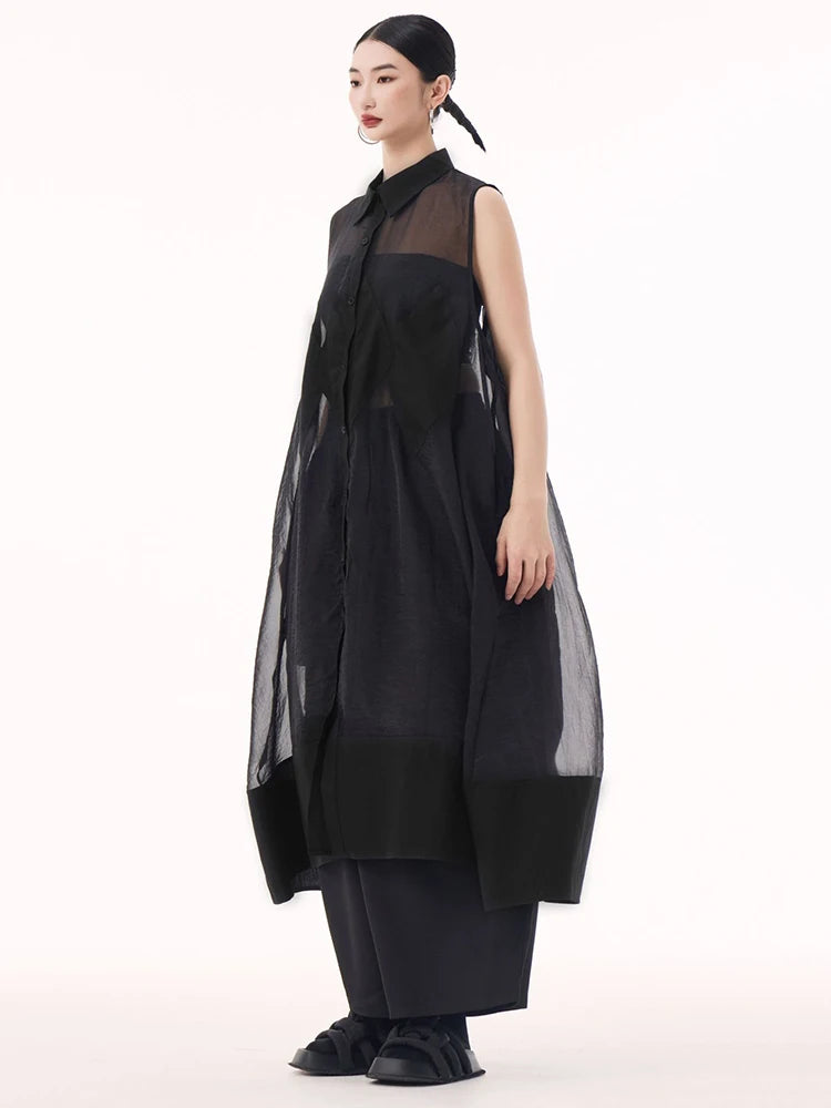 Women Black Mesh Perspective Big Size Long Shirt Dress New Lapel Sleeveless Fashion Tide Spring Summer 2025 1DH9517