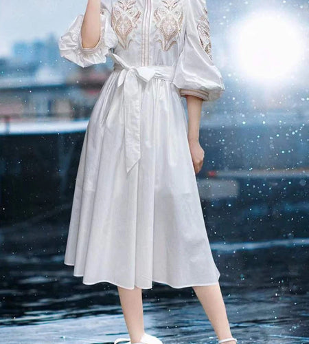 Casual Loose Embroidery Dress For Women Stand Collar Puff Sleeve High Waist Midi Dresses Female Summer Clothes 2022 Clothing