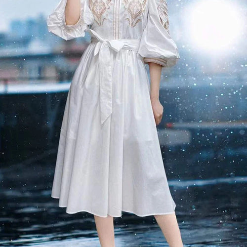 Load image into Gallery viewer, Casual Loose Embroidery Dress For Women Stand Collar Puff Sleeve High Waist Midi Dresses Female Summer Clothes 2022 Clothing
