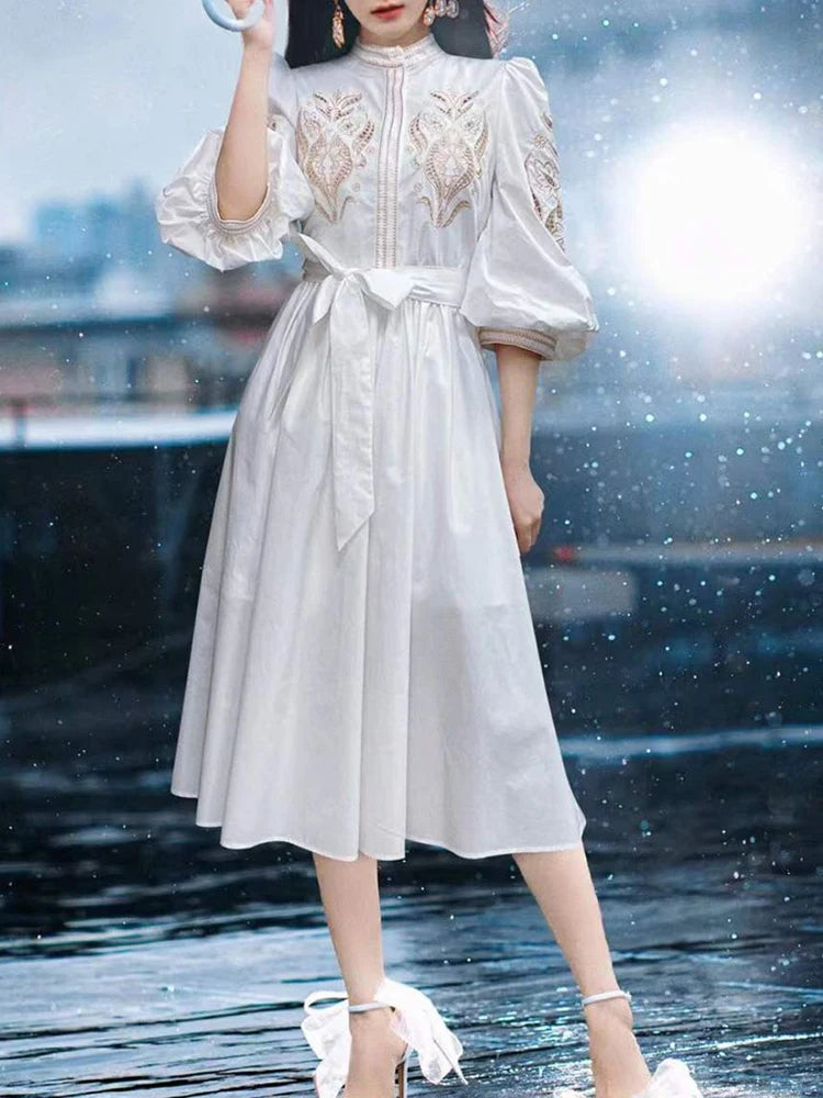 Casual Loose Embroidery Dress For Women Stand Collar Puff Sleeve High Waist Midi Dresses Female Summer Clothes 2022 Clothing