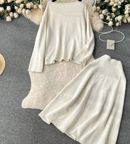 Autumn Winter Women's Temperament Two Piece Set White Purple Long Sleeved Knitted Pullover Tops And High Waist Midi Skirt Suits