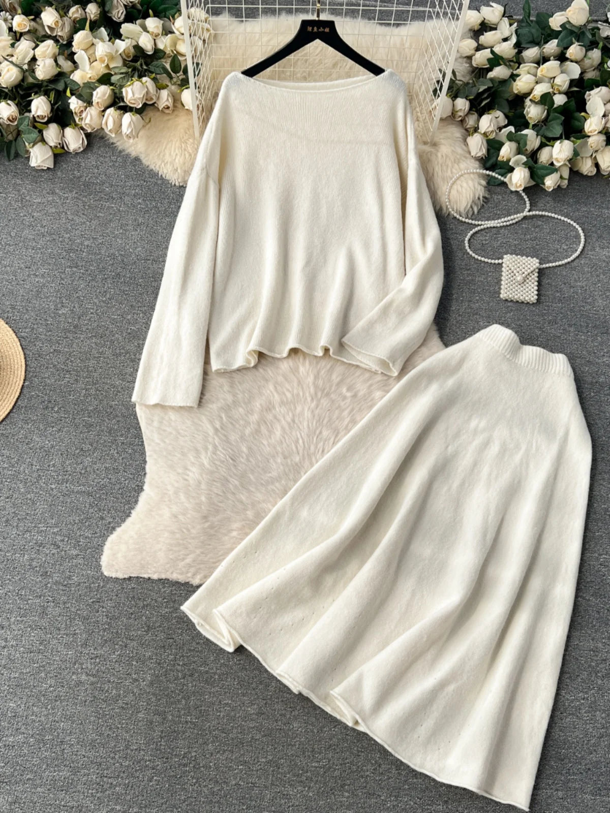 Autumn Winter Women's Temperament Two Piece Set White Purple Long Sleeved Knitted Pullover Tops And High Waist Midi Skirt Suits