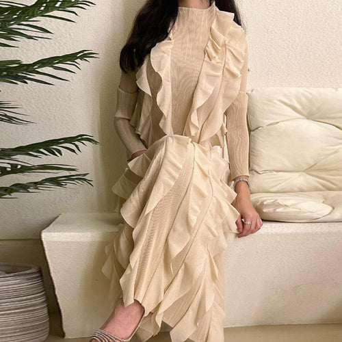 Load image into Gallery viewer, Spliced Ruffles Solid Dresses For Women Round Neck Long Sleeve High Waist Slimming Dress Female Fashion Clothing
