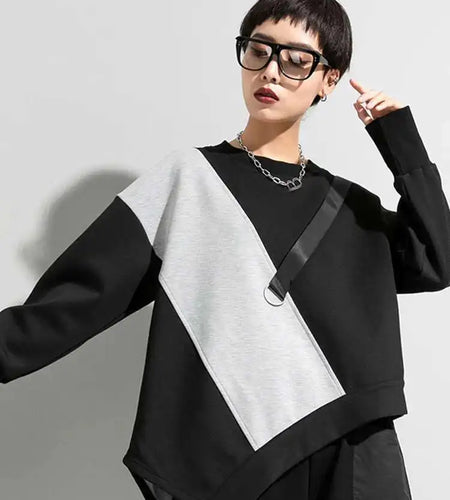 Women Gray Asymmetric Color-block Big Size Casual T-shirt New Round Neck Long Sleeve Fashion Spring Autumn 2025 1DF4759