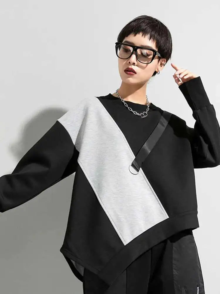 Women Gray Asymmetric Color-block Big Size Casual T-shirt New Round Neck Long Sleeve Fashion Spring Autumn 2025 1DF4759