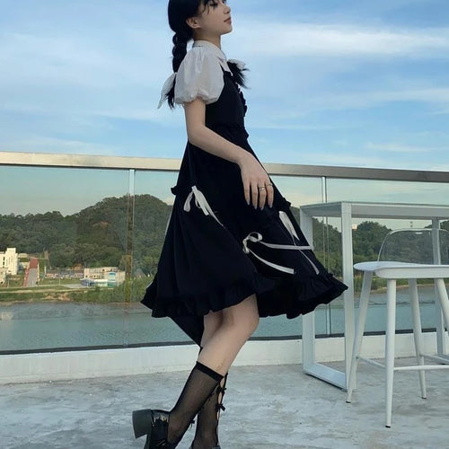 Load image into Gallery viewer, Kawaii Cute Slip Dress Women Sweet Preppy Style Lolita Ruffles Black Dresses School Student Clothes Spring Summer
