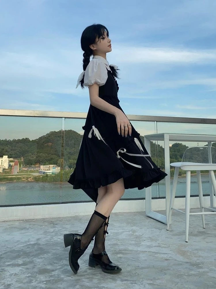 Kawaii Cute Slip Dress Women Sweet Preppy Style Lolita Ruffles Black Dresses School Student Clothes Spring Summer