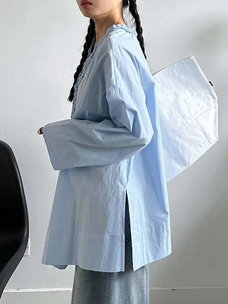 Women White Ruffles Elegant Big Size Long Blouse New V-neck Long Sleeve Shirt Fashion Tide Spring Autumn 2025 1DJ0732