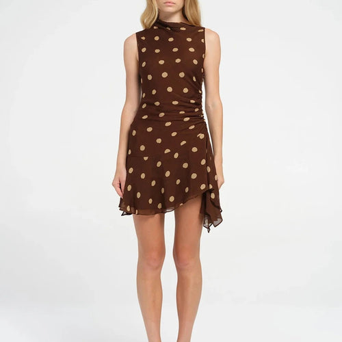 Load image into Gallery viewer, Sleeveless Polka Dot Dress For Woman Fashion Brown Print Mesh O Neck Ruched Mini Dress Elegant Irregular Dresses

