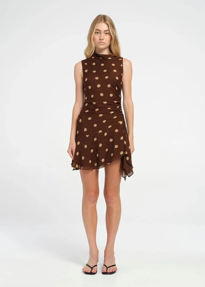 Sleeveless Polka Dot Dress For Woman Fashion Brown Print Mesh O Neck Ruched Mini Dress Elegant Irregular Dresses