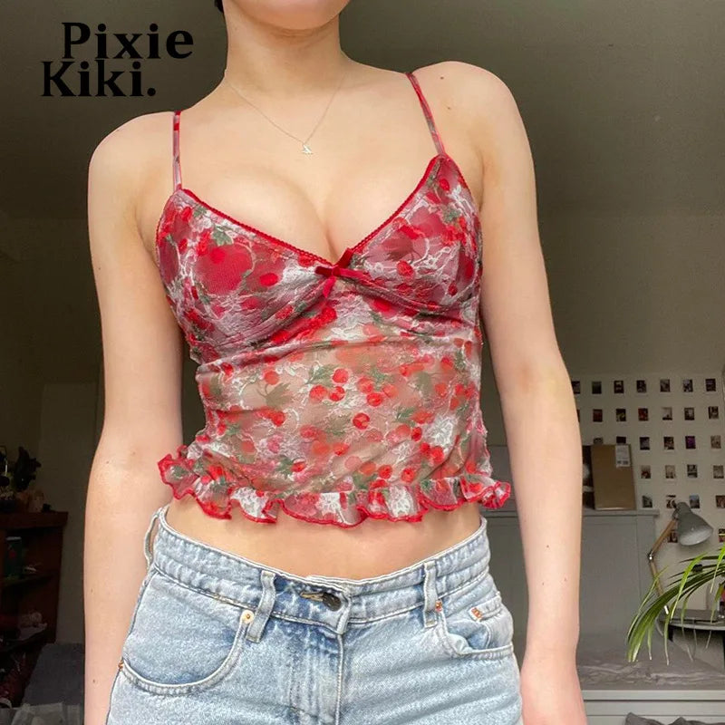 Cherry Print Mesh Tops Aesthetics Y2k Kawaii Lingerie Bow V Neck Backless Crop Top Shirt Summer Tanks & Camis P67-BB10