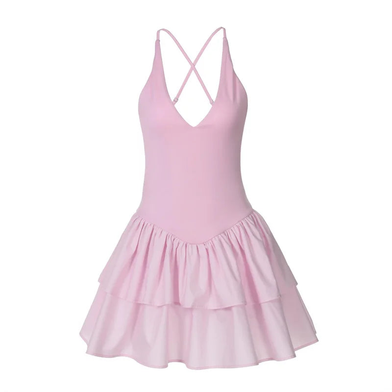 Halter V Neck Ruffle Mini Dress Women Robe Summer New Patchwork Spaghetti Strap Sleeveless High Waist A-line Dress