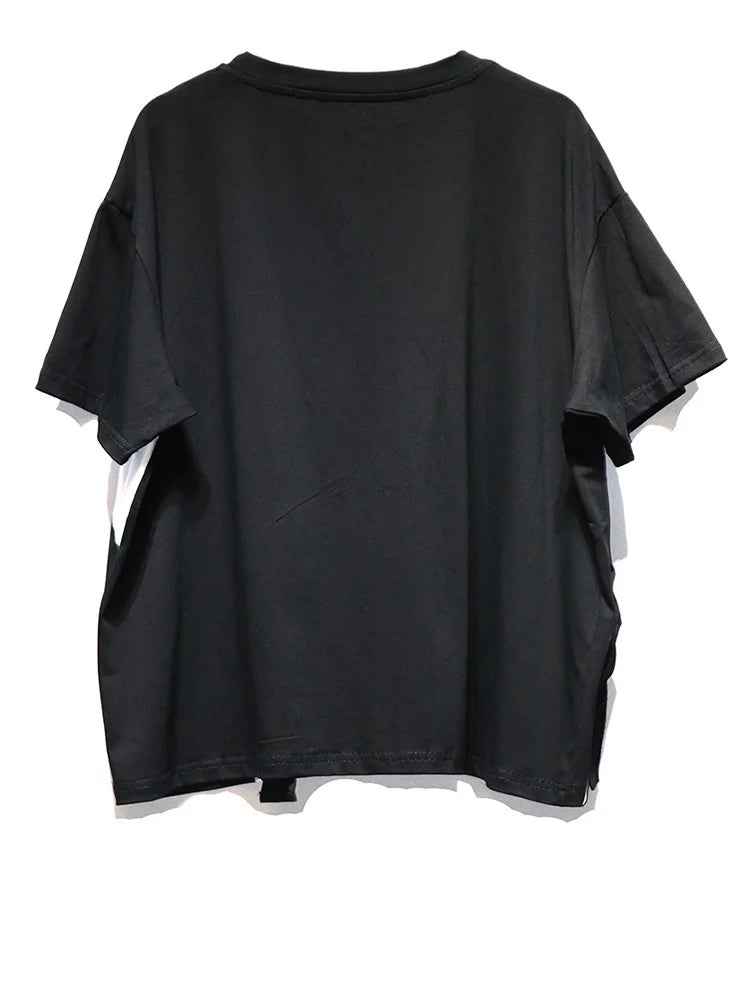 Women Black Ribbon Color-block Big Size Casual T-shirt New Round Neck Short Sleeve Fashion Tide Spring Summer 2025 1DJ0423
